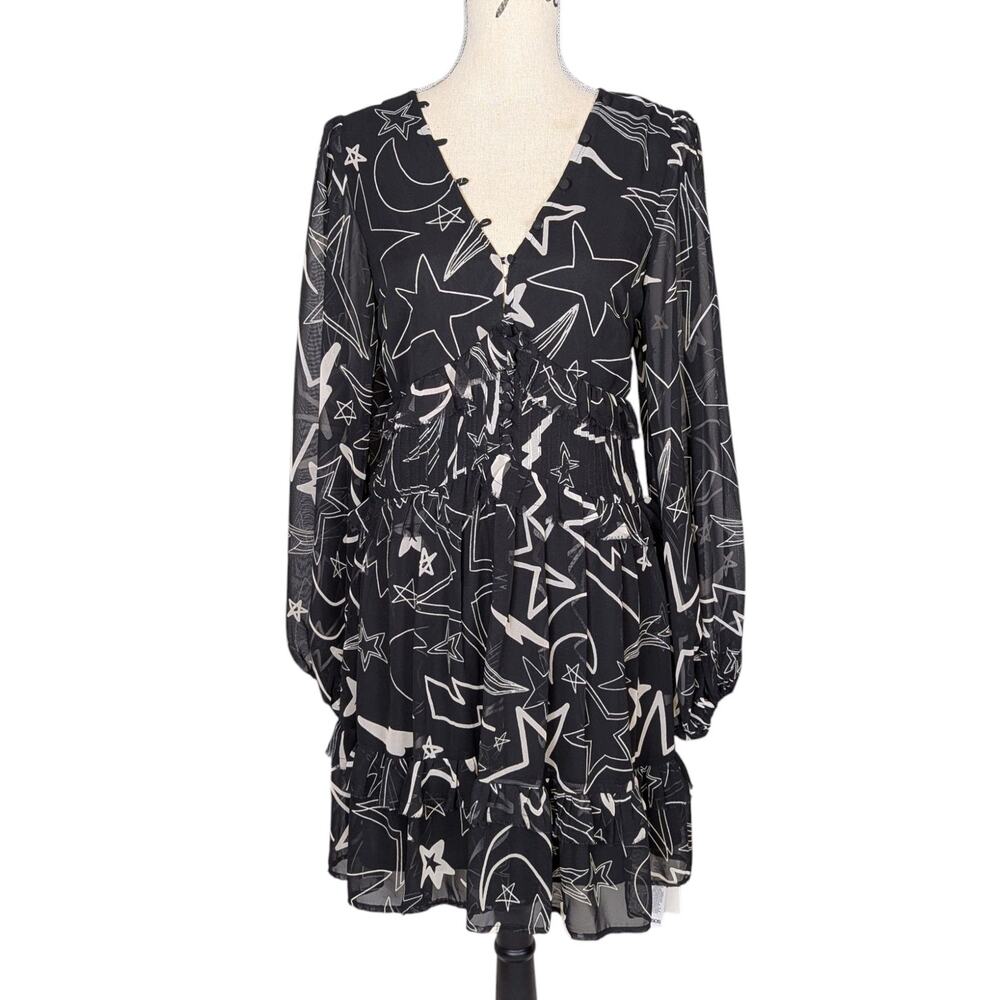 ASOS DESIGN Celestial Star Print Ruffle Mini Dress Sheer Sleeve Size 8